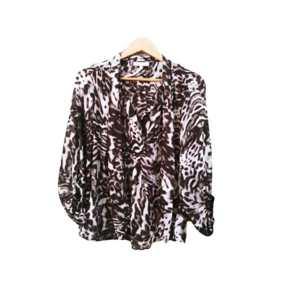 Jennifer Lopez Animal Print Blouse Long Sleeve Tie Neck Brown White
